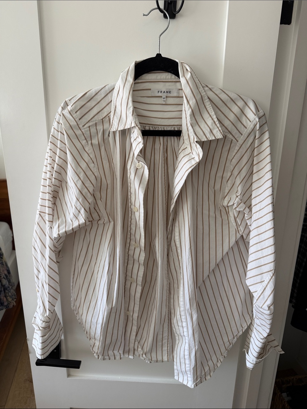 Frame Denim Men's Cream and Tan Striped Button-Down Shirt